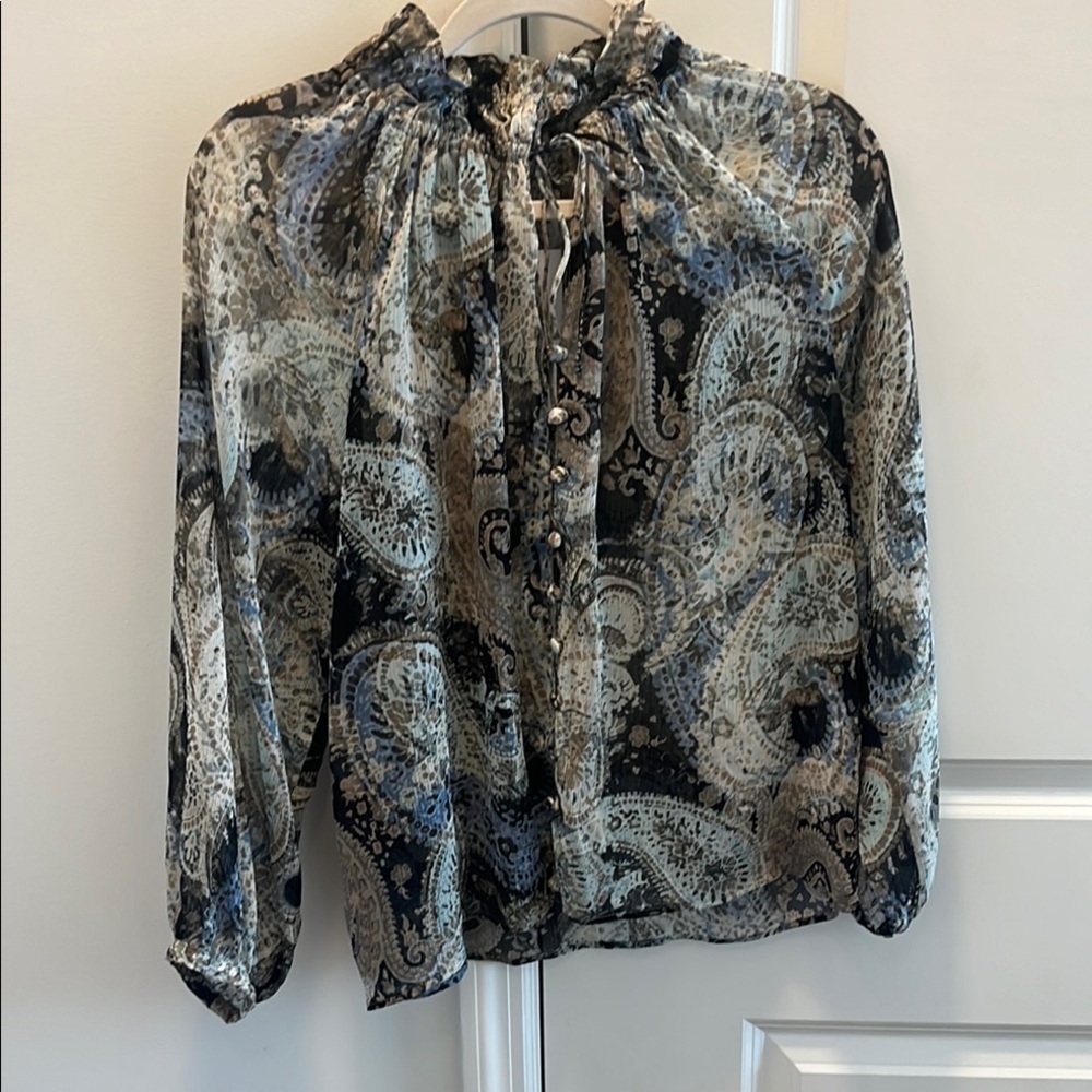 Zara Black and Gray Ruffled Tie Front Blouse